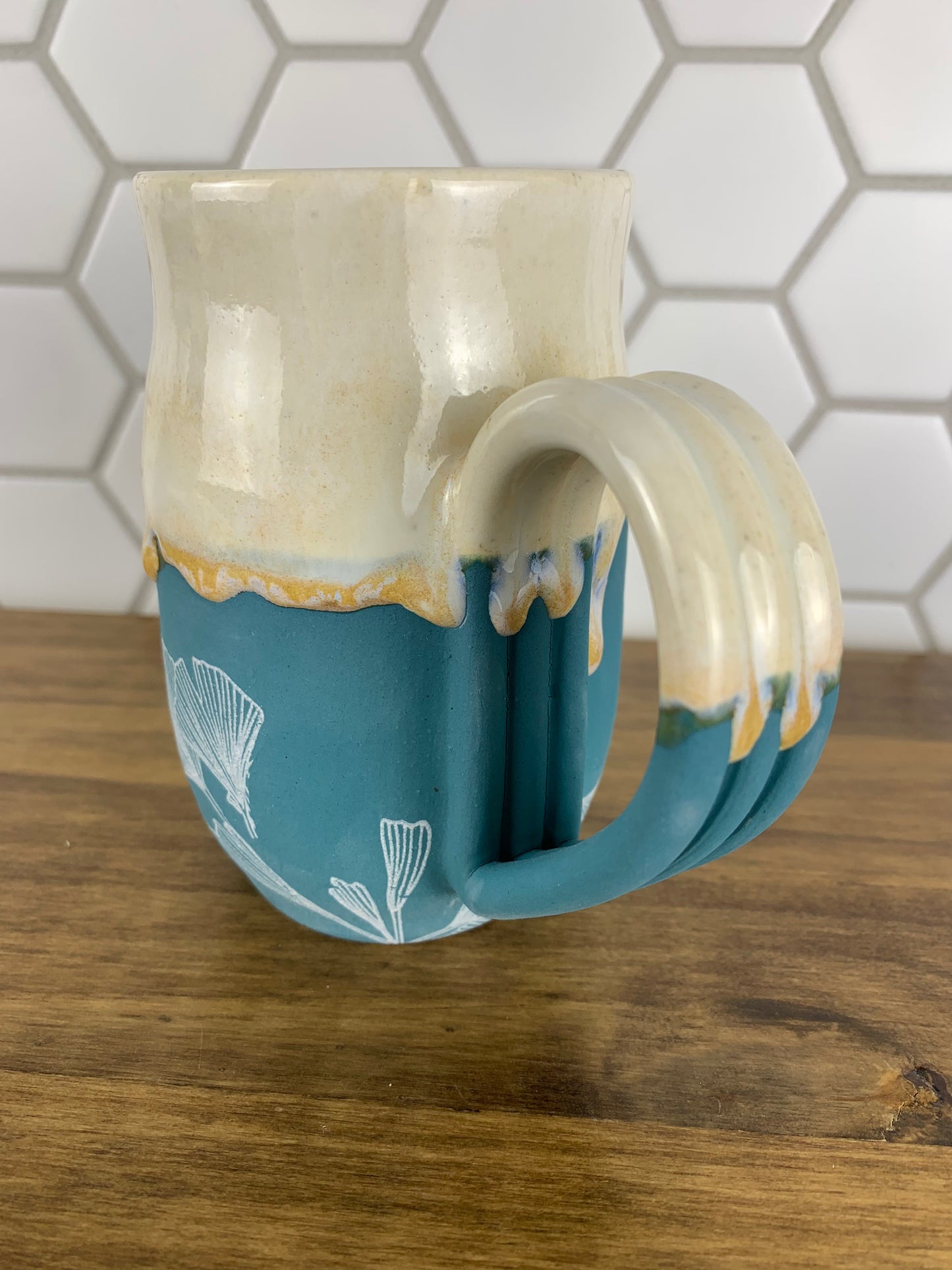Teal and White Mug with Ginko Leaves