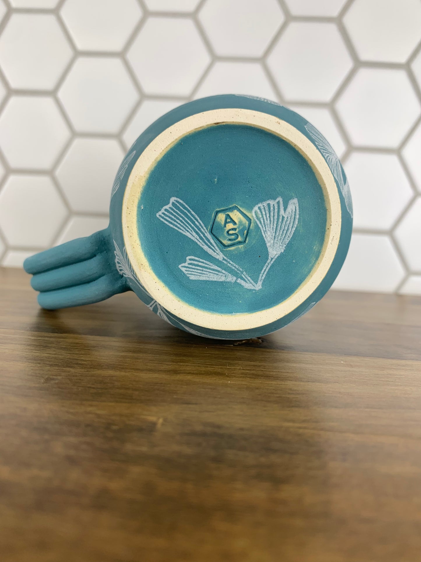 Teal and White Mug with Ginko Leaves