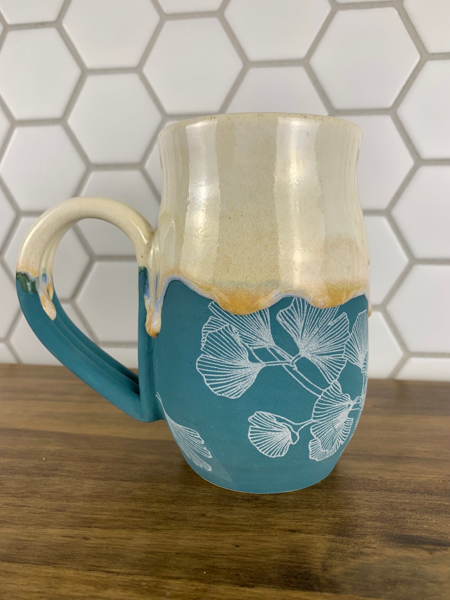 Teal and White Mug with Ginko Leaves