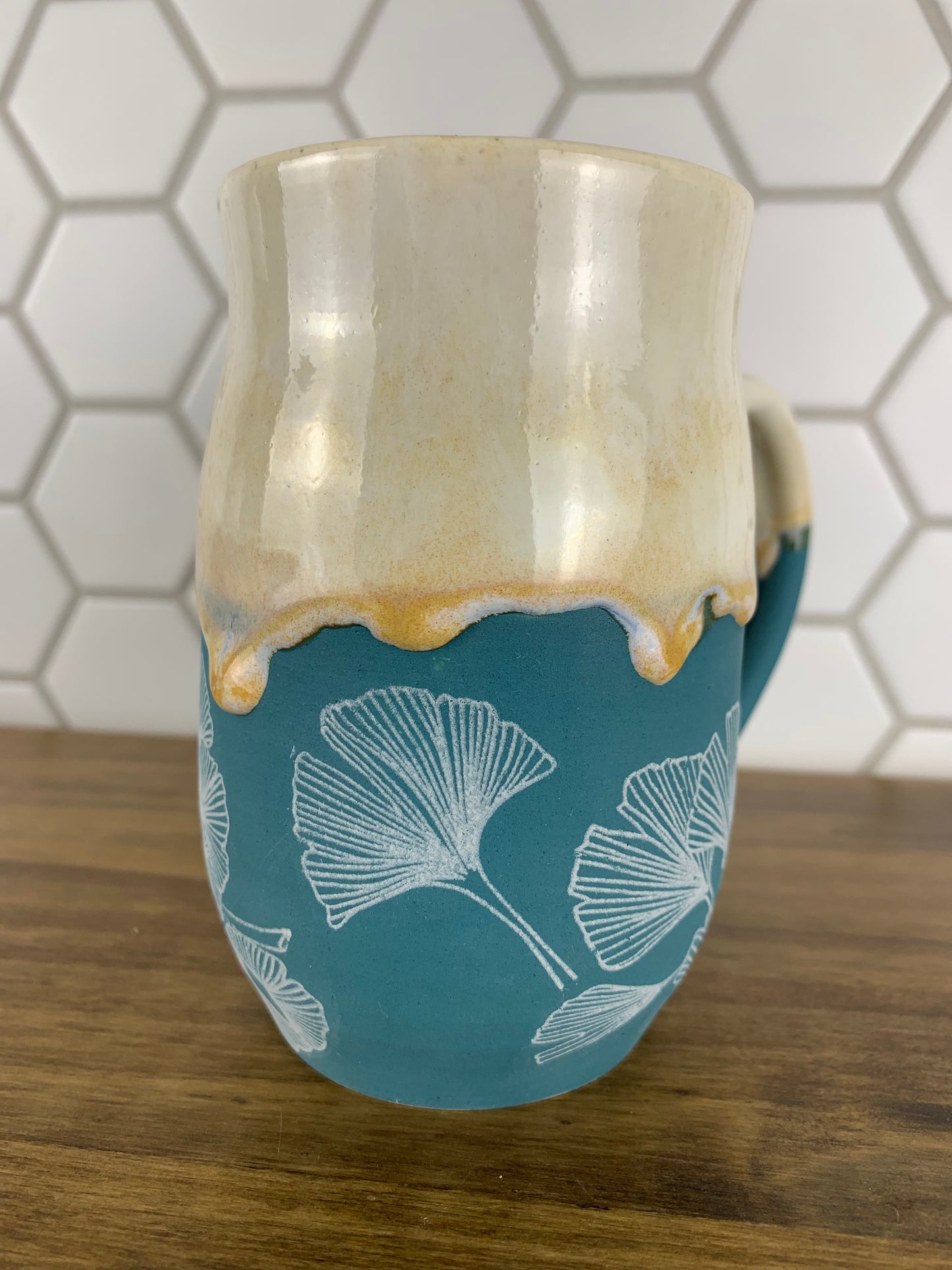 Teal and White Mug with Ginko Leaves